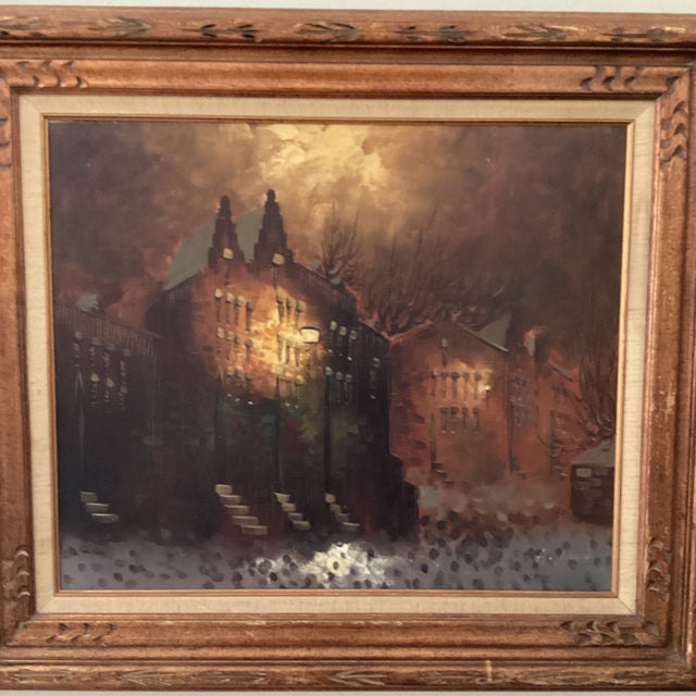 Vintage Oil Painting on Canvas "City Motif at Dusk" Signed Framed For Sale - Image 10 of 12