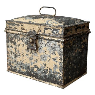 Antique Weathered Cream-Painted Tin Box, Circa Late 19th - Early 20th Century For Sale