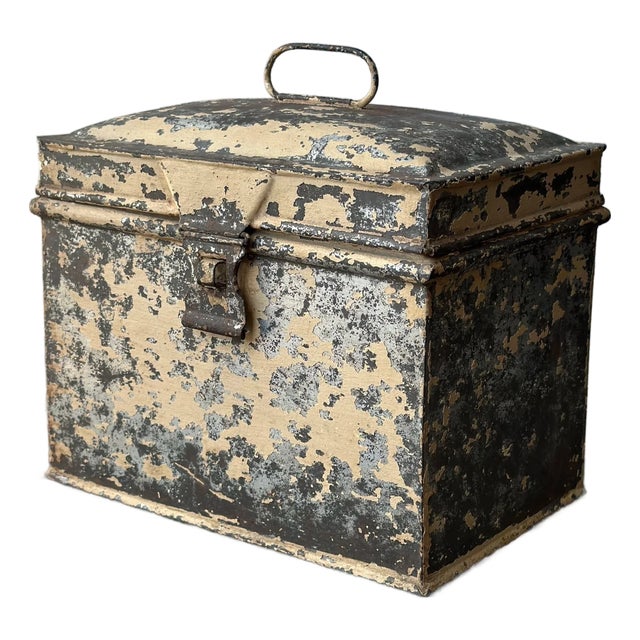 Antique Weathered Cream-Painted Tin Box, Circa Late 19th - Early 20th Century For Sale