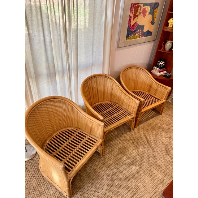 A Set of Three Mid Century Modern Rattan Club Chairs With a Side Table in the Style of Gabriella Crespi, Circa 1970s. For Sale - Image 11 of 12
