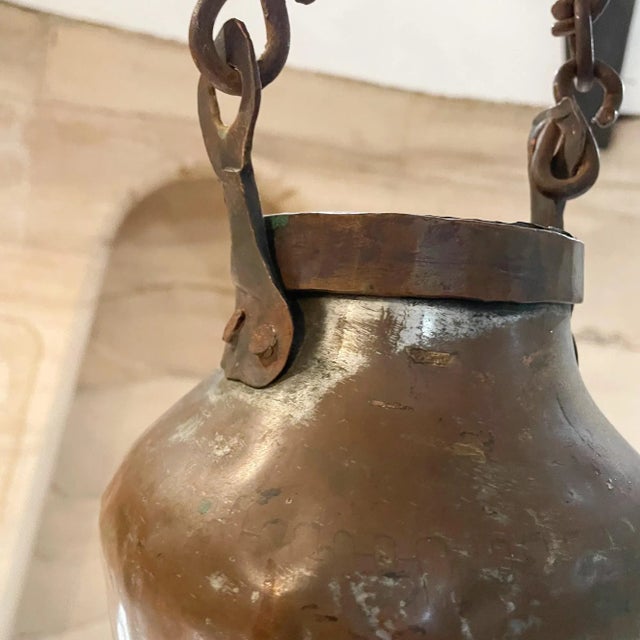 Antique Hand-Hammered Copper Vessel With Brass Chain, 19th Century For Sale - Image 4 of 12
