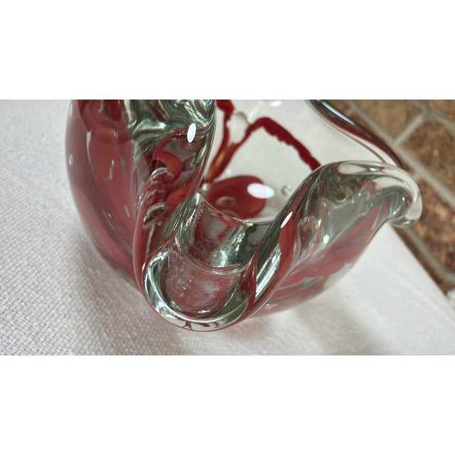 Mid-Century Modern 1960s Art Glass Ashtray MCM Red Encased Floral Bubbles Hand Worked Heavy Freeform For Sale - Image 3 of 9