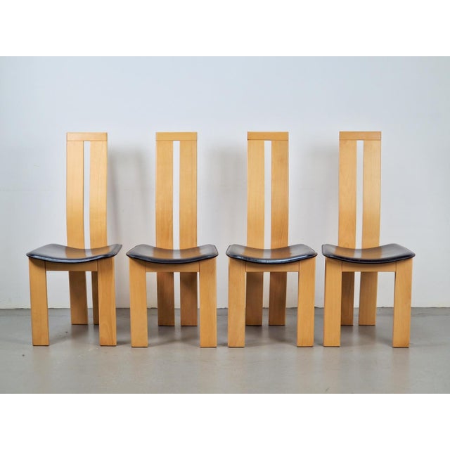 Set of 4 vintage beech wood leather dining chairs Pietro Costantini Ello ‘70 Italian postmodern dining chairs with black...