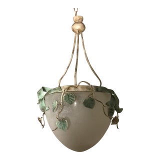 Vintage Italian Tole Leaf Vine Frosted Dome 3 Light Pendant Light Fixture For Sale