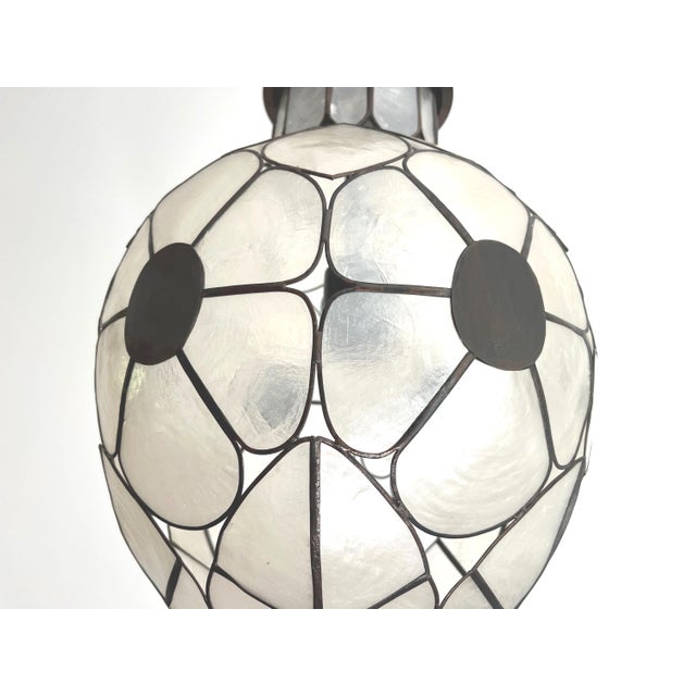 Stunning 1960s capiz shell light in the shape of a bouquet of flowers with big-eyed petals, dimensional leaves, bronze...