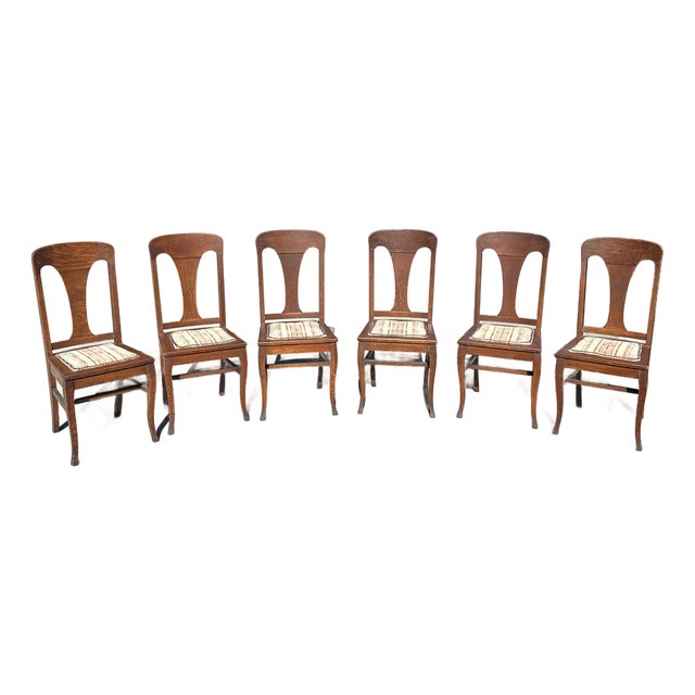 Vintage Wooden Dining Chairs With Studded Cushions- Set of 6 For Sale
