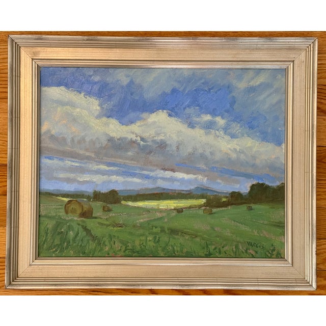 Green Original Landscape With Hay Bales Oil Painting, Framed For Sale - Image 8 of 8