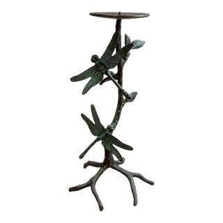 Vintage Dragonfly Metal Candle Holder With Verdigris Patina – Nature Inspired Sculptural Decor For Sale