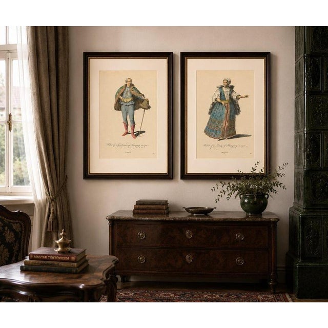 Hungarian Gentleman & Lady Costume Engravings, Hand-Colored Pair, 1749 This elegant pair of mid-18th century hand-colored...