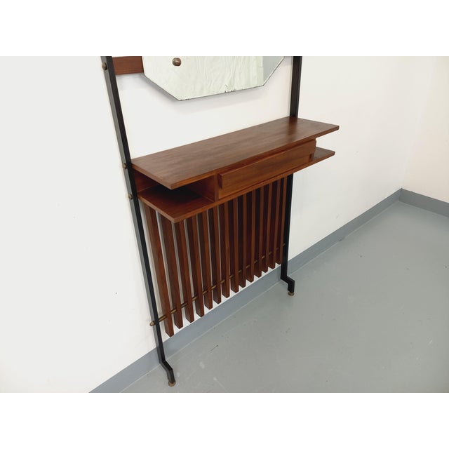 Mid-Century Italian Hall Cabinet in Teak and Metal with Mirror, Shelves and Drawer, 1950s-1960s For Sale - Image 10 of 16