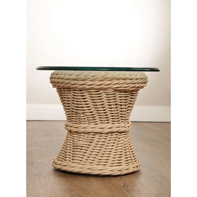 Beige Quality Vintage Round Wicker Rattan Glass Top Side Table For Sale - Image 8 of 13
