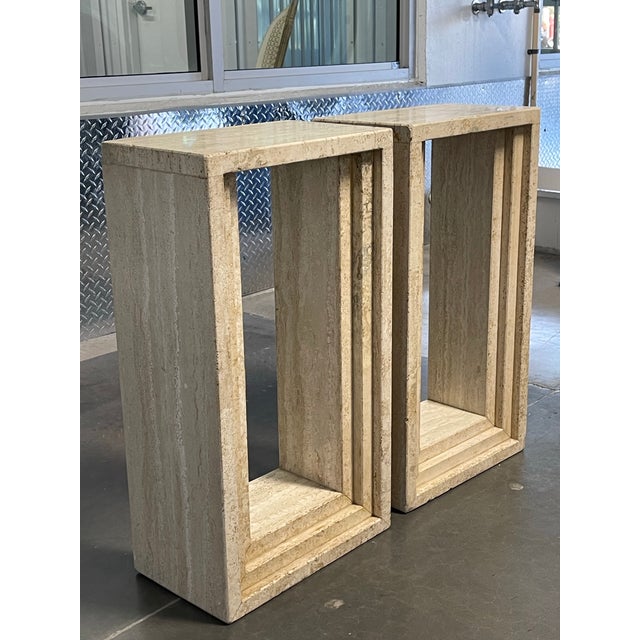 White Architectural Travertine Pedestal Tables, a Pair, Italian Modern Style For Sale - Image 8 of 12