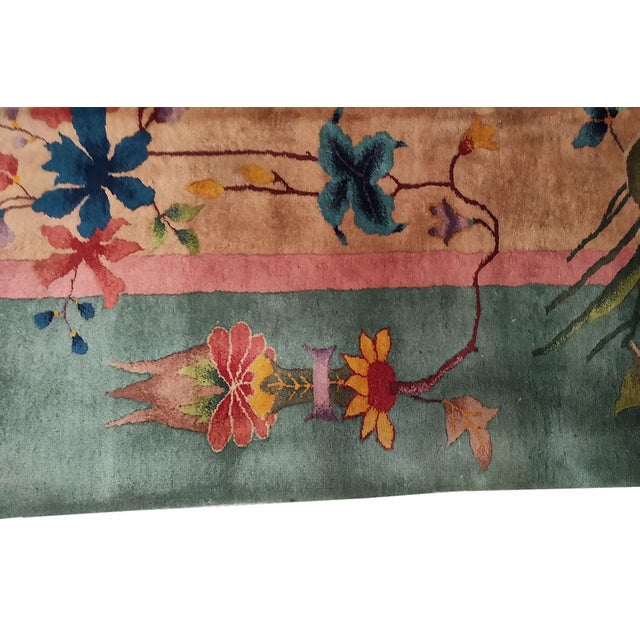 1920s Antique Chinese Beige Cream Open Field Floral Art Deco Wool Knotted Rug For Sale - Image 9 of 13