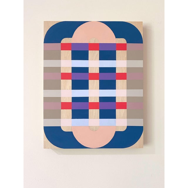 "basket weave" is an original abstract graphic painting on wooden panel. It has patterns, stripes and a dynamic color...