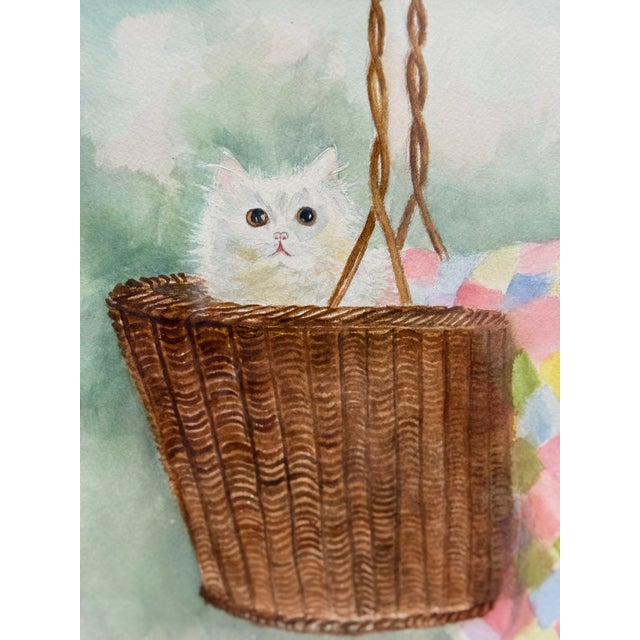 1980s Watercolor Painting of a White Cat in a Basket, "Hide and Seek" Signed by Nedra Wood For Sale - Image 4 of 11