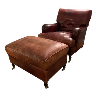 George Smith Leather Standard Arm Chair and Ottoman For Sale