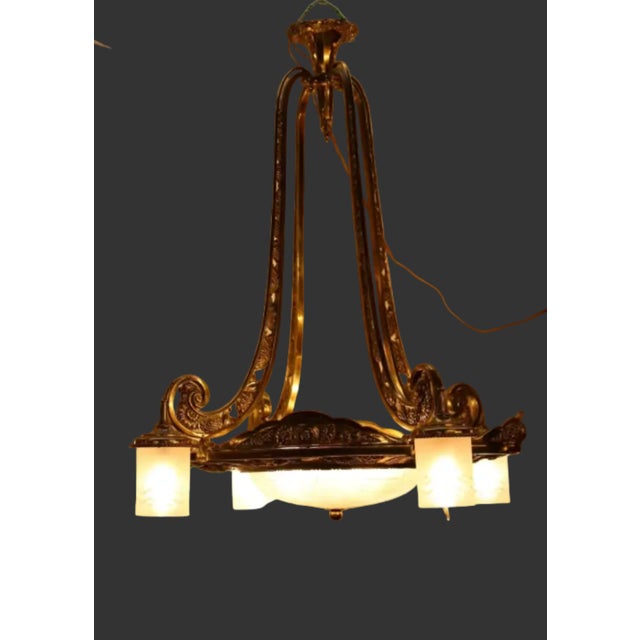 Antique Art Deco - Neoclassical Brass Chandelier For Sale - Image 4 of 7