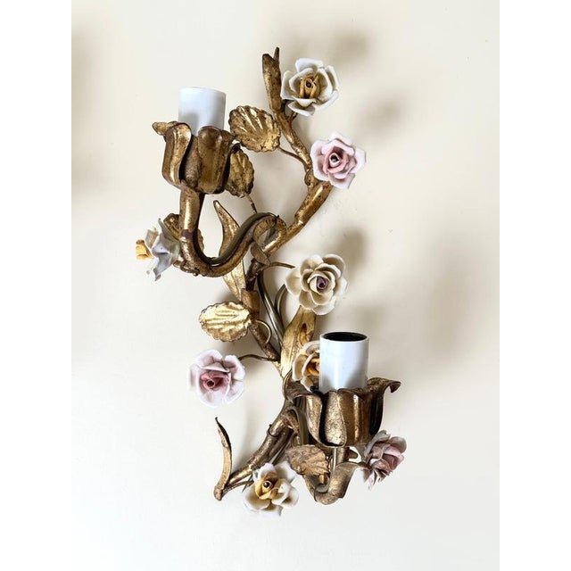 Vintage Italian Mirrored Gilt Metal and Porcelain Rose Sconces, 1940s, Set of 2 For Sale - Image 15 of 18