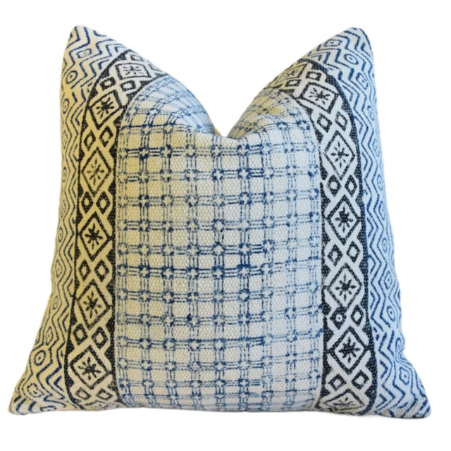 2020s French Hand-Printed Blue, Black & White Geometric Design Cotton Feather /Down Pillow 19” Square For Sale - Image 5 of 8