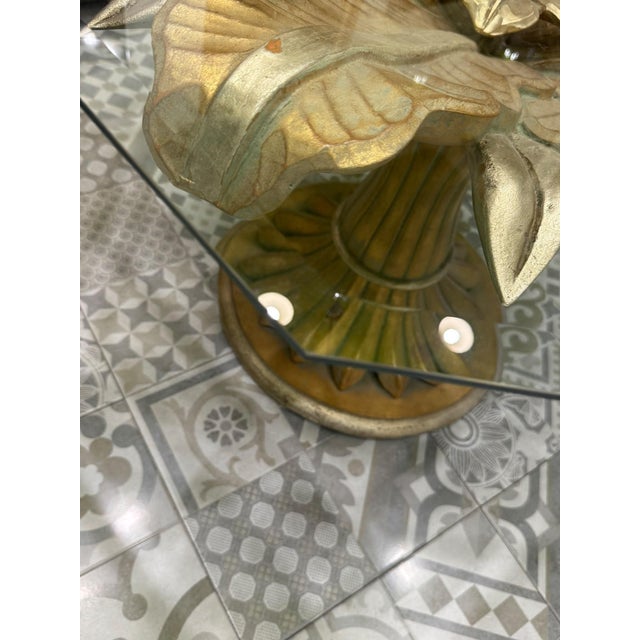 Lotus Flower Dining Table in Wood Carved with Gold Leaf and Octagonal Top in Ground Glass, 1970s, in Very Good conditions....