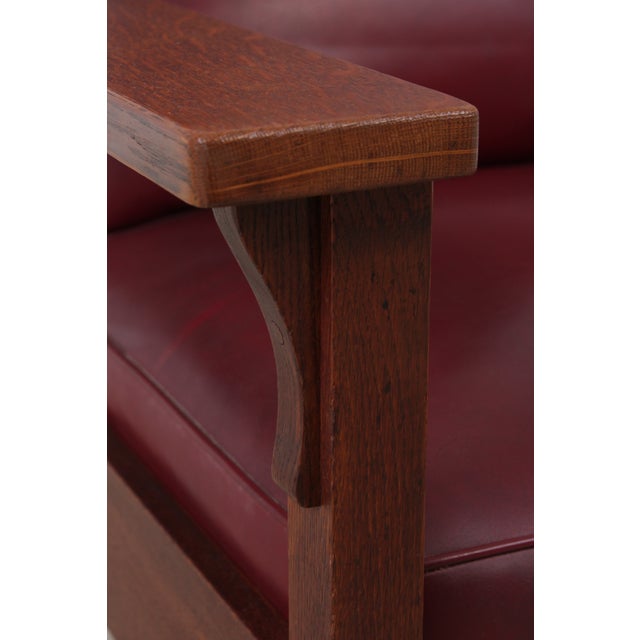 Gustav Stickley Antique Mission Oak Burgundy Leather Reclining Morris Chair For Sale - Image 14 of 15