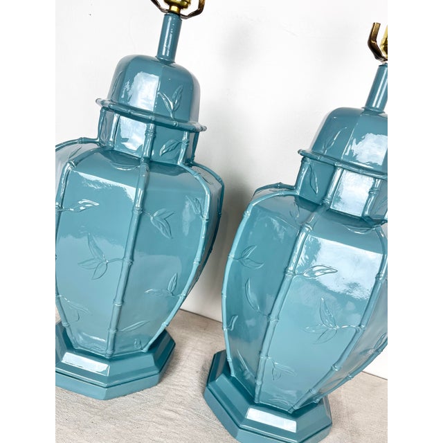 Blue Newly Lacquered Vintage Faux Bamboo Ginger Jar Lamps- A Pair For Sale - Image 8 of 8