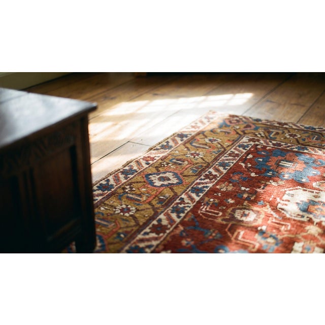 Ruby Red Antique Persian Heriz Serapi Carpet on Red-Ruby Background Color With Harshang Pattern For Sale - Image 8 of 10