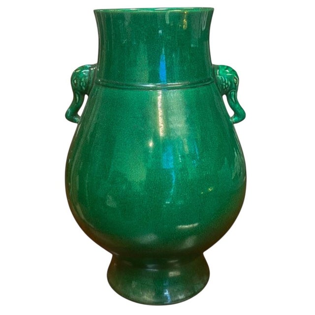 Mid 20th Century Chinese Export Apple Green Crackle Glaze Elephant Mask Handles Pottery Vase Kangxi Mark For Sale - Image 5 of 5