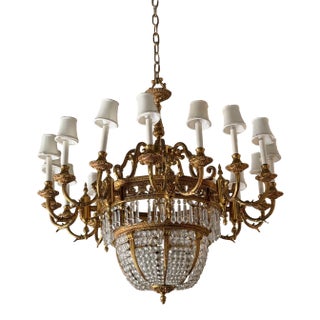 Antique Beaux Arts Bronze Crystal Basket 16 Light Chandelier Rewired For Sale