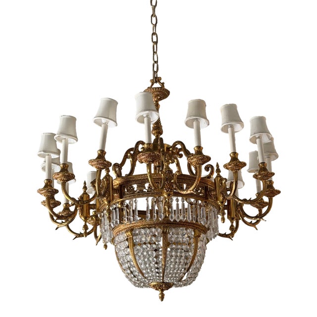 Antique Beaux Arts Bronze Crystal Basket 16 Light Chandelier Rewired For Sale