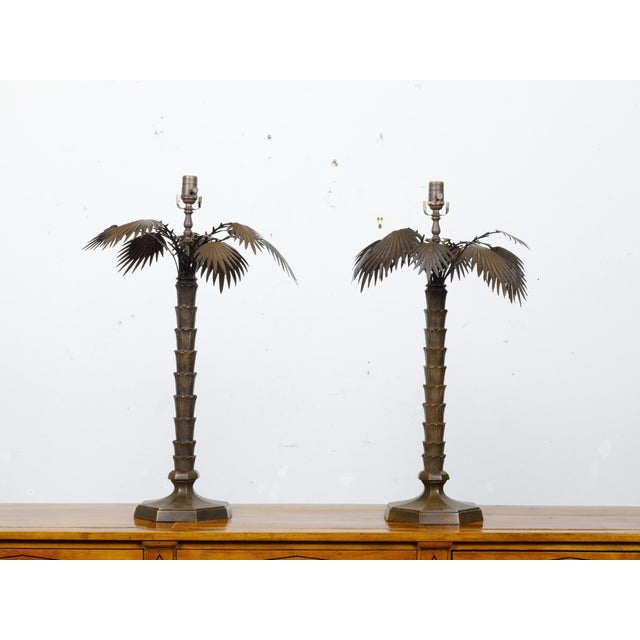 French Pair of French 1920s Bronze Palm Tree Table Lamps on Octagonal Bases, USA Wired For Sale - Image 3 of 11