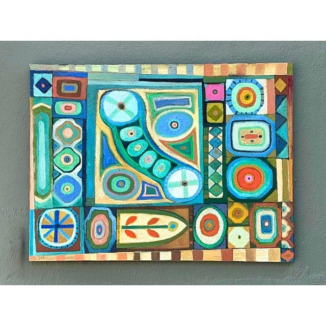 This vibrant large-scale abstract oil painting is a masterful exploration of color and form, signed by the artist...