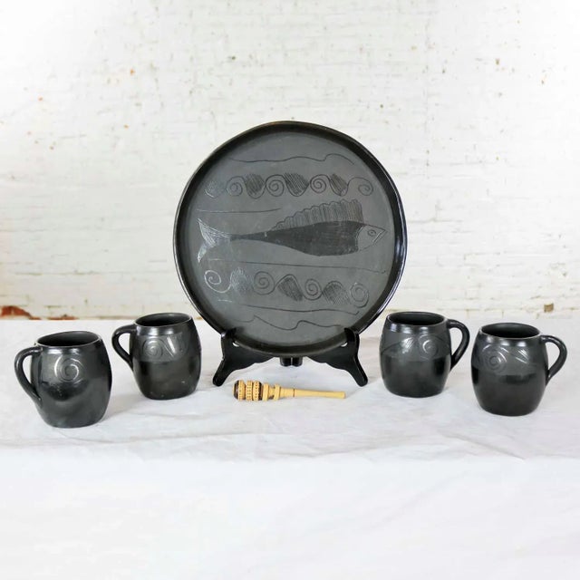 Vintage Black Clay Barro Negro Pottery Hot Chocolate Set Oaxaca Mexico 4 Mugs and Fish Tray - 6 pcs For Sale - Image 13 of 13
