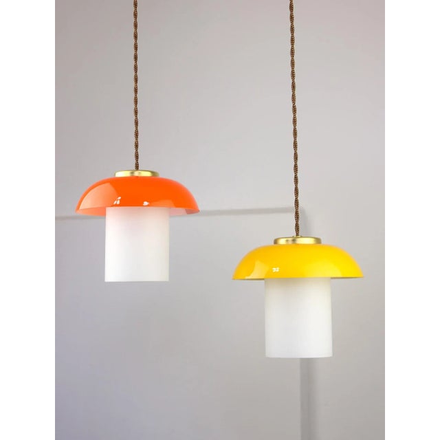 Mid-Century Glass and Brass Mushroom Pendant Lamps, Set of 2 For Sale - Image 12 of 12