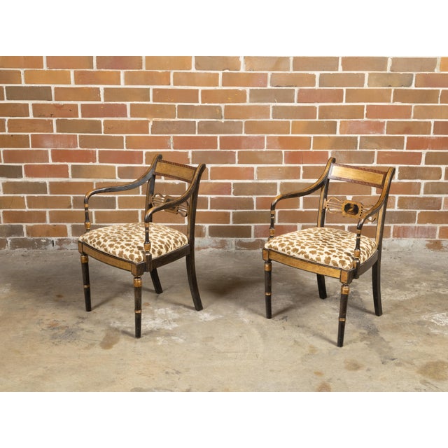 Wood Pair of English Regency Period Early 19th Century Black and Gold Armchairs For Sale - Image 7 of 12