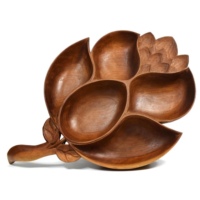 Mid 20th Century Hand Carved Solid Wood Large Leaf Design Bowl Serving Snack Platter With 5 Sections For Sale - Image 13 of 13
