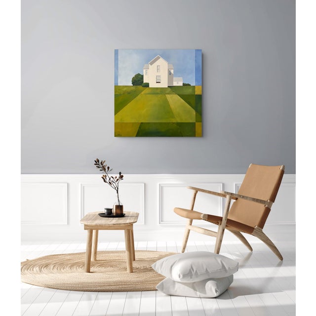 The Old Farmhouse by Justin Wheatley | Acrylic on Canvas White Farmhouse With Green Fields For Sale - Image 9 of 11