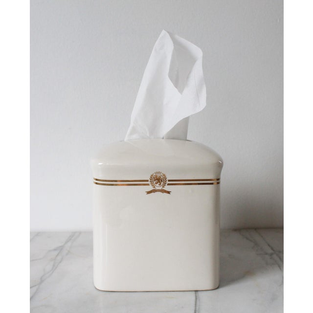 Vintage white and gold ceramic tissue box cover by Tommy Hilfiger. Makers mark inside. Dated 1998. Made in Thailand. Some...