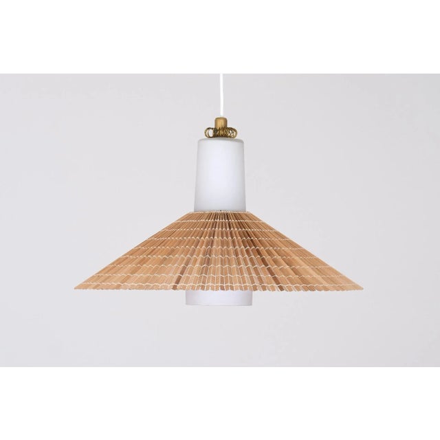Pendant in Opal Glass, Lamellar Aspen Wood and Brass by Paavo Tynell for Idman, 1950s For Sale - Image 10 of 11