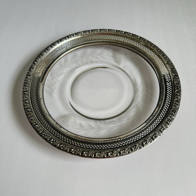 Early 20th Century Vintage Wallace Sterling Silver Rimmed Plate Etched Cut Glass Thistle For Sale - Image 5 of 11