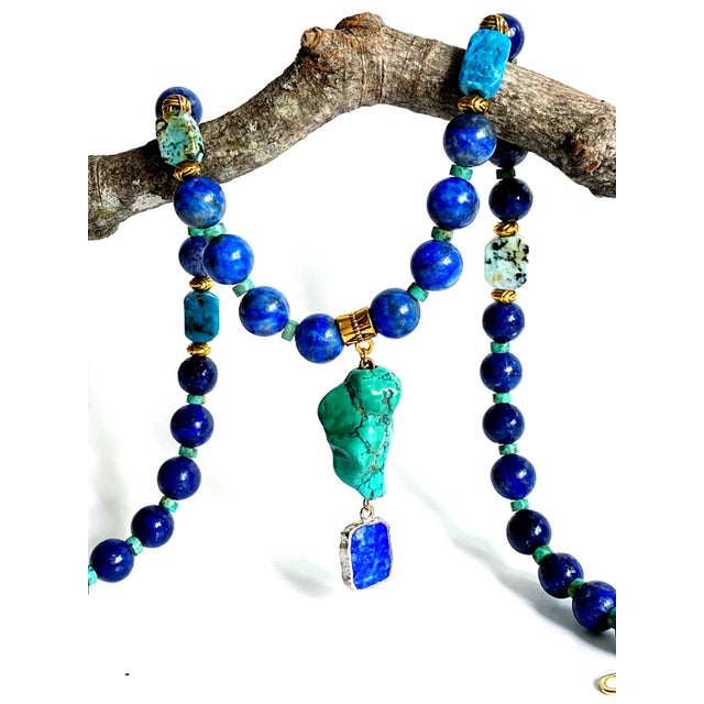 One-of-a-Kind Lapis Lazuli & Turquoise Statement Necklace | Vintage Turquoise Pendant | Artisan Bohemian Luxury Jewelry For Sale - Image 4 of 17