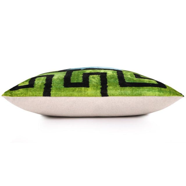 Greek Key Velvet Pillow in Green & Blue – Handmade 24x24 Inch Square For Sale In San Francisco - Image 6 of 8