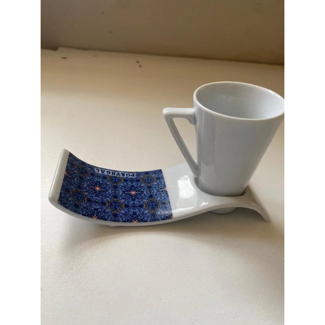 2010s Portugal Azulejo Ceramic Espresso Cup Saucer Tray Set Blue White Souvenir For Sale - Image 5 of 10