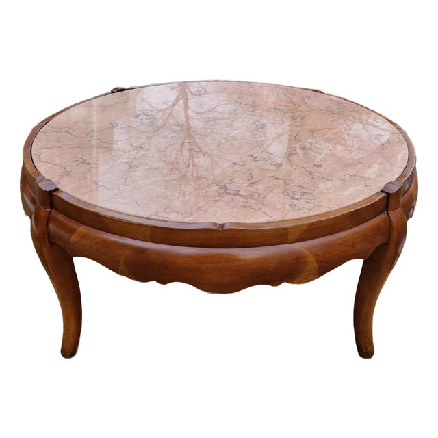 1954 Round Fruitwood Coffee Table With Inset Pink Italian Marble Top For Sale