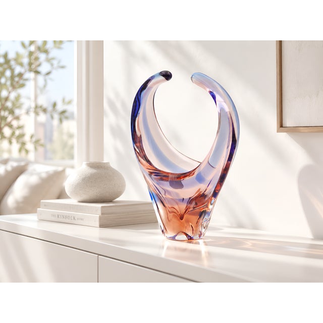 Sculptural vintage glass basket "Niagara" by Karel Zemek from the 1960s. Its exceptional freeform design combines gently...