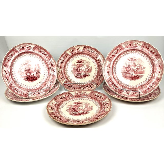 A handsome set of six antique Staffordshire red transferware plates in the highly collectible Canova pattern by renowned...