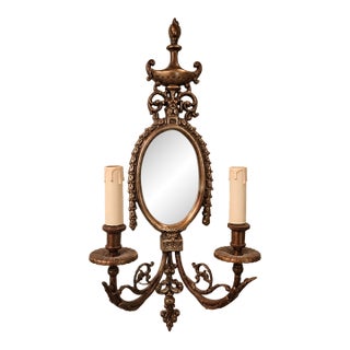 French-Style Bronze Two-Light Wall Sconce With Mirror – Ornate Scrollwork & Carved Details For Sale