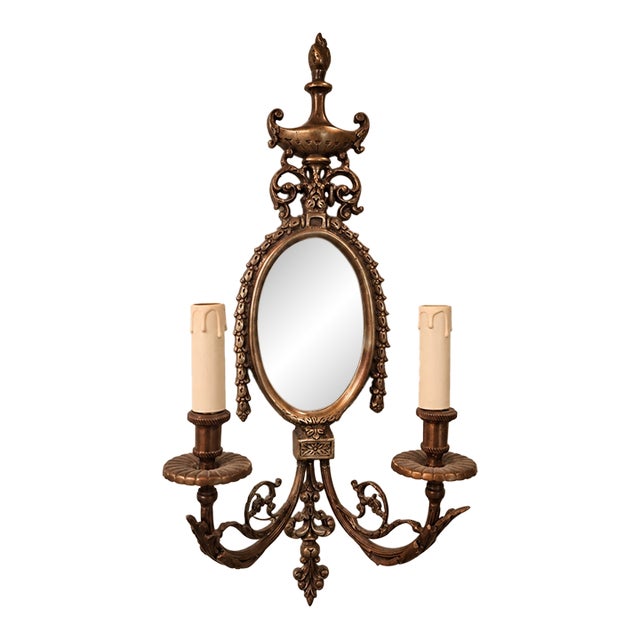 French-Style Bronze Two-Light Wall Sconce With Mirror – Ornate Scrollwork & Carved Details For Sale