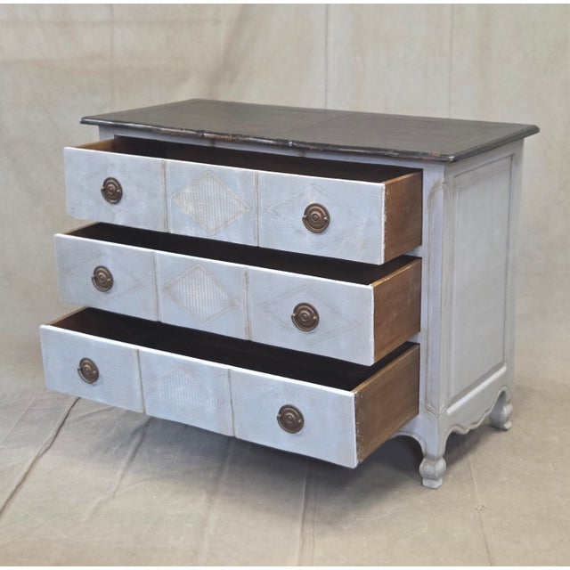 Rococo Vintage Swedish Rococo Style Chest of Three Drawers With Brass Hardware For Sale - Image 3 of 14