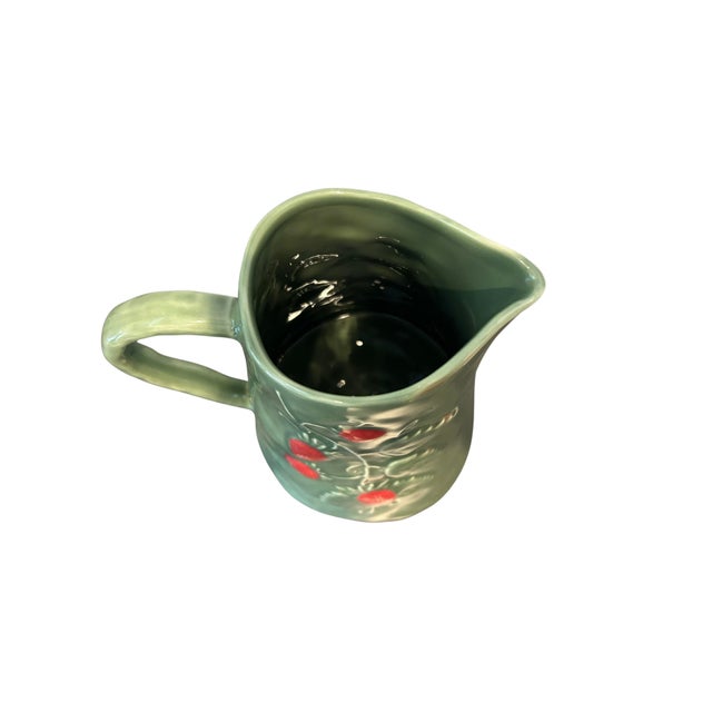 Bordallo Pinheiro Portuguese Majolica Strawberry Pitcher – Sage Green Earthenware, Hand-Painted Relief Fruit Design, Bordallo Pinheiro Style For Sale - Image 4 of 7